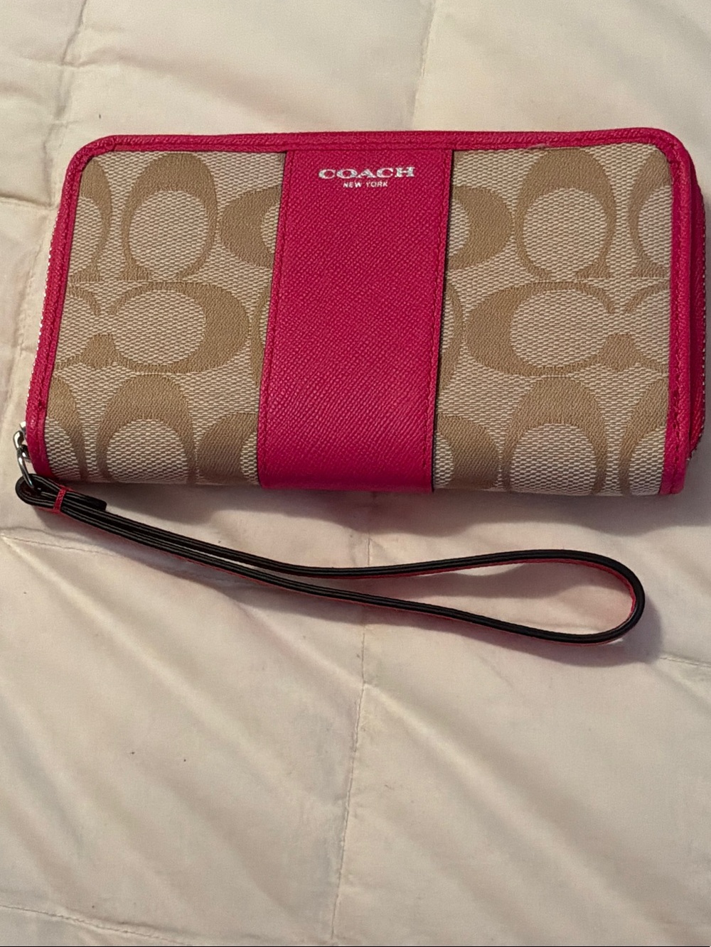 Coach Canvas Wristlet with Pink Trim and Tan Signature Print